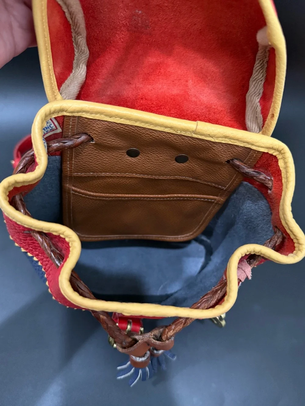 Rare Vintage DOONEY & BOURKE Teton AWL Lipstick Red Navy Yellow Leather Backpack